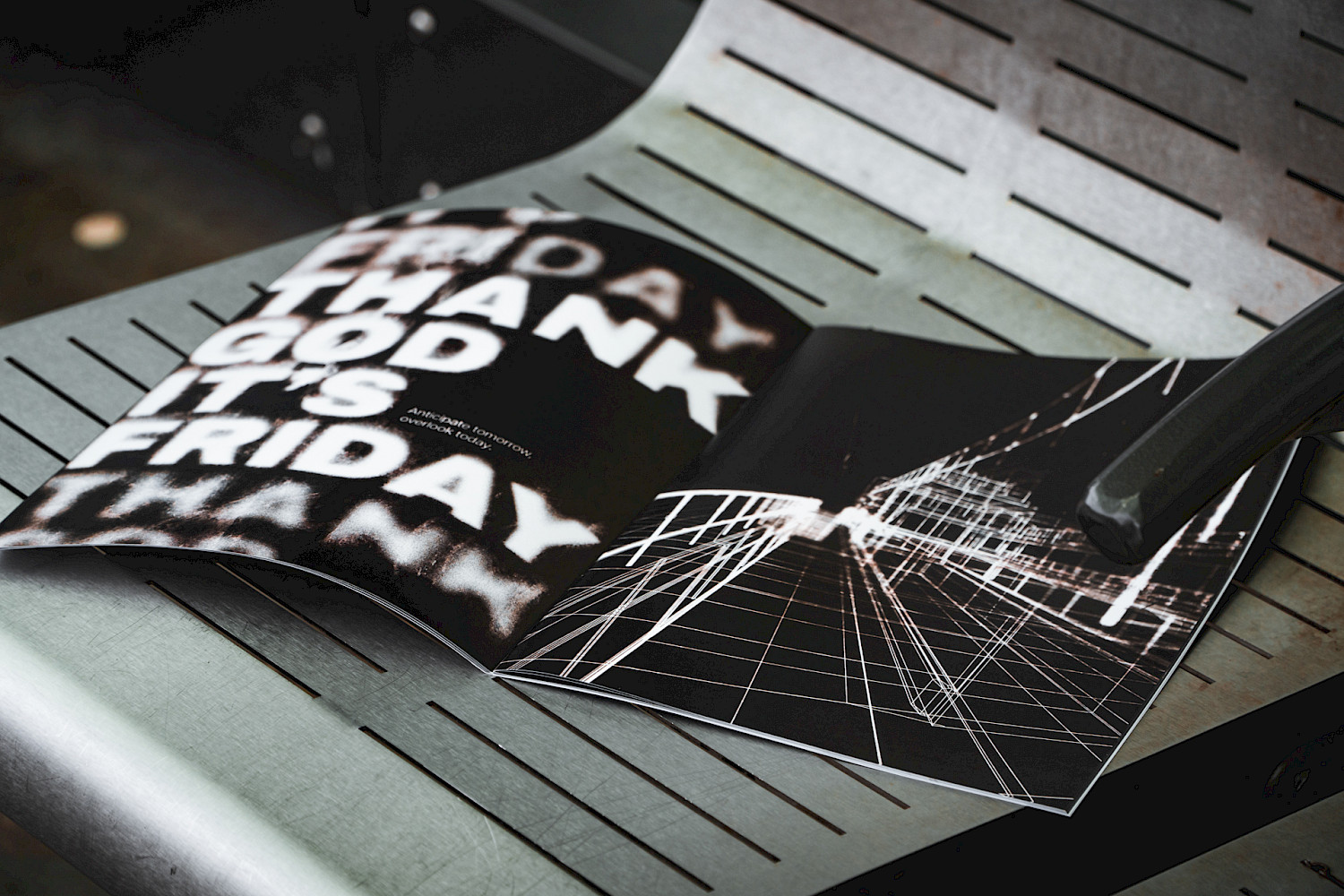 ‘In the absence of now’ is a booklet centred around a philosophical journey which delves into and critiques contemporary living. On this Journey the reader is challenged to question how much of our lives are spent outside of the present, in this ‘liminal’ state.The booklet includes various manipulated building wireframes which disappear to nothing the further through you get; Typographic visuals revolved around interviews, ideas and music; and a final mindfulness exercise which guides the reader to the present moment. Inspired by personal struggles to remain present, the project delves into the broader societal trend of veering away from the here and now. ‘In the absence of now’ is a booklet centred around a philosophical journey which delves into and critiques contemporary living. On this Journey the reader is challenged to question how much of our lives are spent outside of the present, in this ‘liminal’ state.The booklet includes various manipulated building wireframes which disappear to nothing the further through you get; Typographic visuals revolved around interviews, ideas and music; and a final mindfulness exercise which guides the reader to the present moment. Inspired by personal struggles to remain present, the project delves into the broader societal trend of veering away from the here and now.