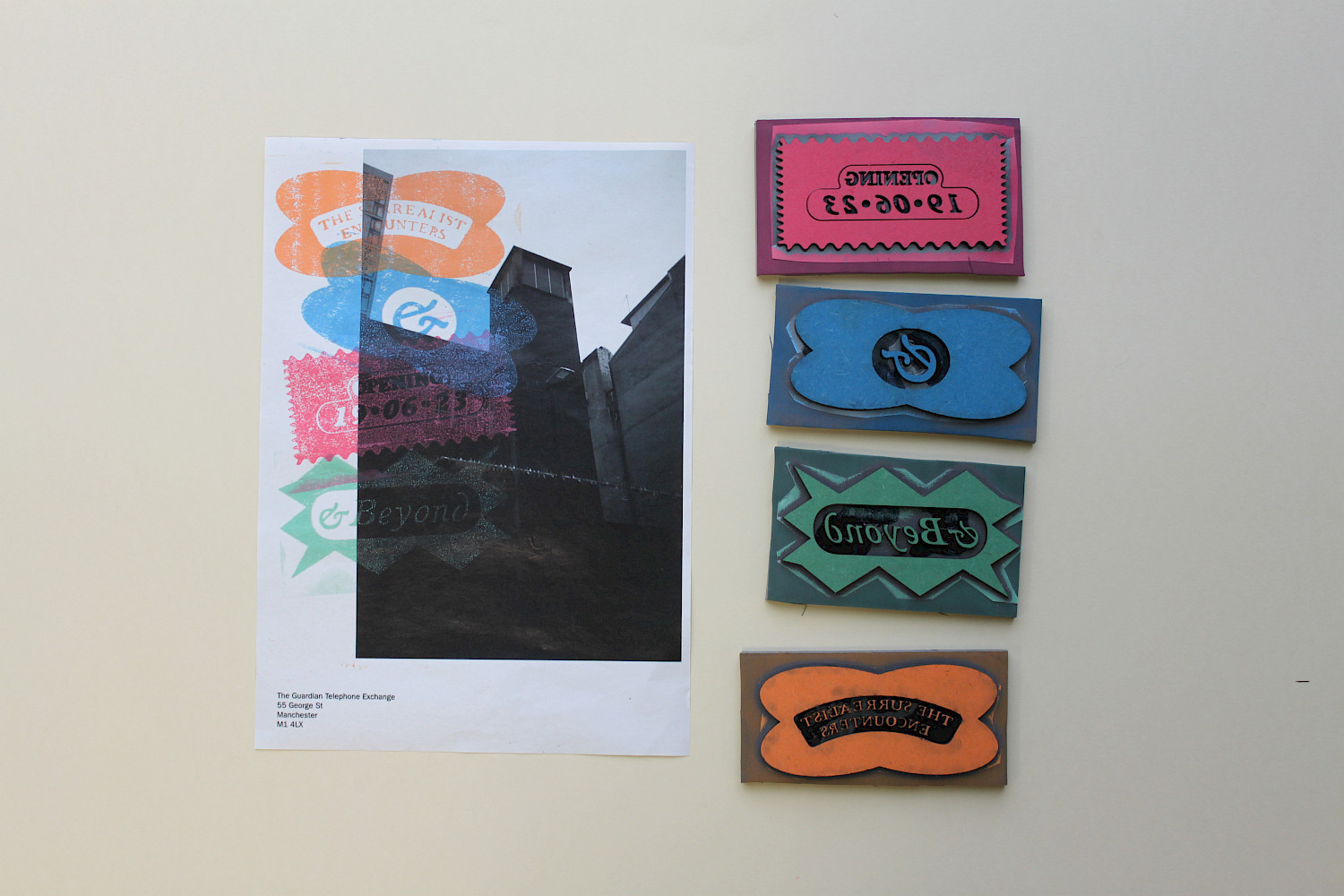 A4 newsprint posters and laser cut stamps. '&Beyond' A museum identity project A4 newsprint posters and laser cut stamps. '&Beyond' A museum identity project