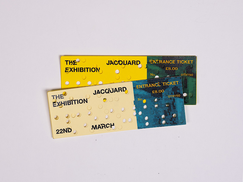 Each ticket for the Jacquard Exhibition is punched with a custom dot matrix as a reference to the punch cards used by Jacquard looms. Each ticket for the Jacquard Exhibition is punched with a custom dot matrix as a reference to the punch cards used by Jacquard looms.