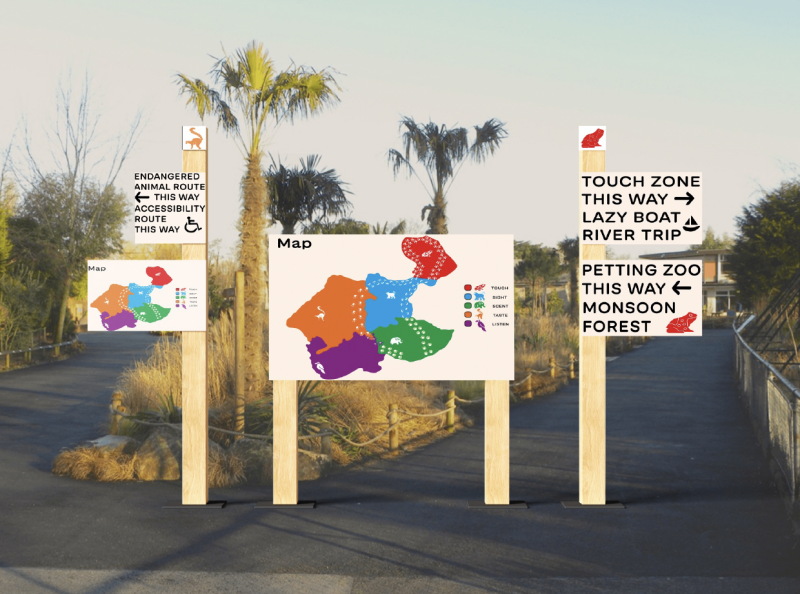 Signage at a crossroads with the main map for route 1 of the zoo and the endangered animal route of the zoo. Signage at a crossroads with the main map for route 1 of the zoo and the endangered animal route of the zoo.