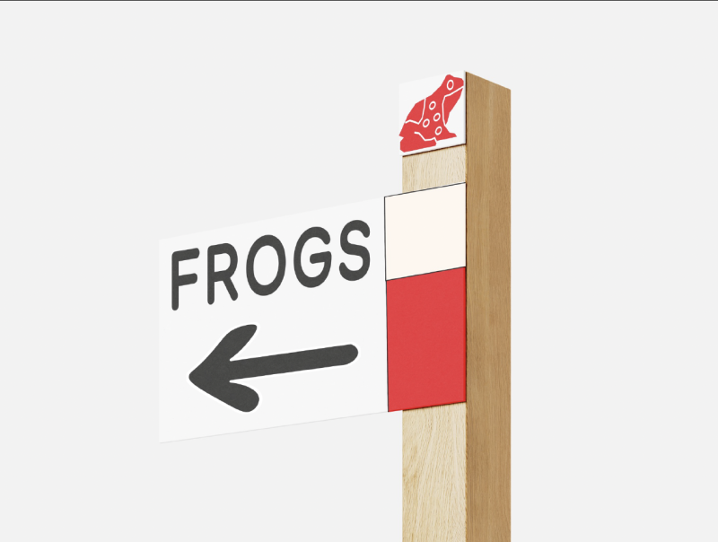 Signage for the Touch Zone with frog icon and colour co-ordinated system demonstrated through the mock-up. Signage for the Touch Zone with frog icon and colour co-ordinated system demonstrated through the mock-up.