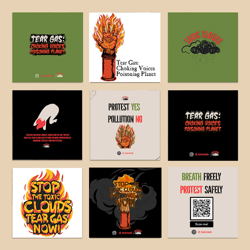 This Image is a mock-up of a few designs created for Unit X in the Third year the project was a collaboration with industry partner 'Its Freezing In LA' we were all given the option of articles to base our designs off I chose to respond to an article based on the misuse of teargas on protestors due to the relevance it has on recent events in the world regarding recent misuse by police on people protesting Black Lives Matter and Pro Palestine. The designs displayed are intended for an awareness social media campaign on the danger of tear gas. Using a mixture of illustration and powerful messaging the designs are intended to draw viewers in and direct them to informative infographics on how to manage symptoms after being exposed to tear gas using a scannable QR code. This Image is a mock-up of a few designs created for Unit X in the Third year the project was a collaboration with industry partner 'Its Freezing In LA' we were all given the option of articles to base our designs off I chose to respond to an article based on the misuse of teargas on protestors due to the relevance it has on recent events in the world regarding recent misuse by police on people protesting Black Lives Matter and Pro Palestine. The designs displayed are intended for an awareness social media campaign on the danger of tear gas. Using a mixture of illustration and powerful messaging the designs are intended to draw viewers in and direct them to informative infographics on how to manage symptoms after being exposed to tear gas using a scannable QR code.