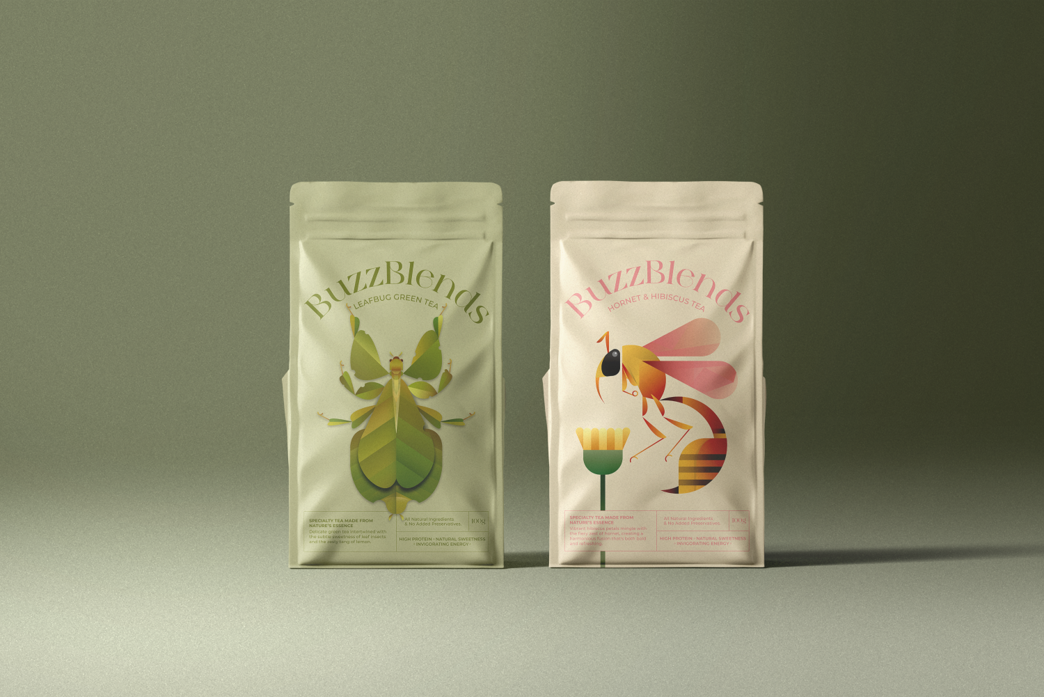 Pouch Packaging for the insect-infused tea brand, BuzzBlends. Pouch Packaging for the insect-infused tea brand, BuzzBlends.