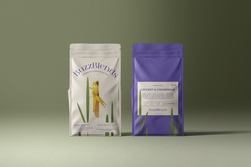 Front and back of packaging for insect-infused tea line, BuzzBlends. Front and back of packaging for insect-infused tea line, BuzzBlends.