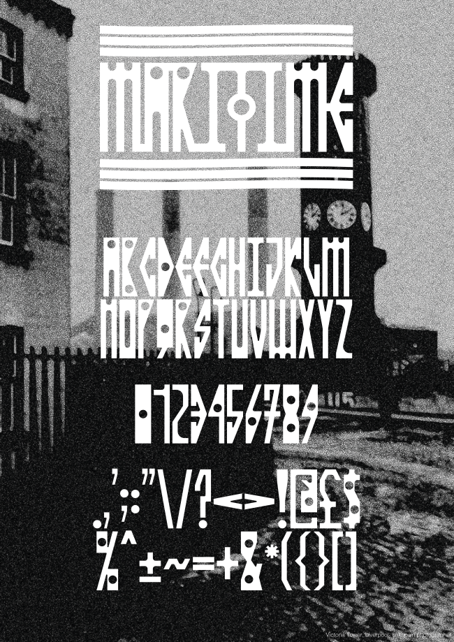 Maritime is an industrial, Neo gothic style typeface inspired by the architectural features of the Liverpool Victoria Tower, as well as the surrounding docklands. The typeface takes its inspiration from the dimensions of the towers measurements and the rounded corners of the towers embrasures and castellated parapets. The type also takes inspiration from the curvature and passageways of surrounding docklands, canals and basins that encompass the towers environment.