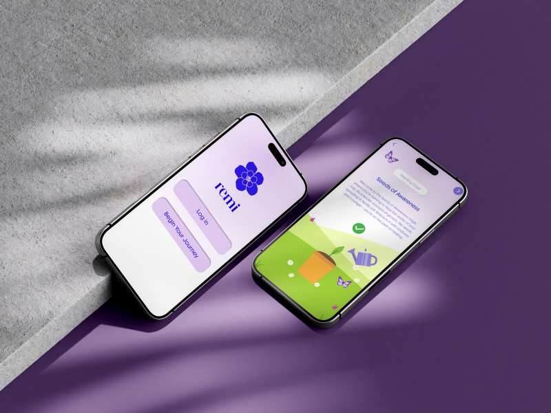 This is a mockup of the homescreen and a page from the 'growth garden' section of the app. Remi is a mental health app for those coping with grief. It helps users connect with others and offers support through meditation, therapy resources and a caring community. This is a mockup of the homescreen and a page from the 'growth garden' section of the app. Remi is a mental health app for those coping with grief. It helps users connect with others and offers support through meditation, therapy resources and a caring community.