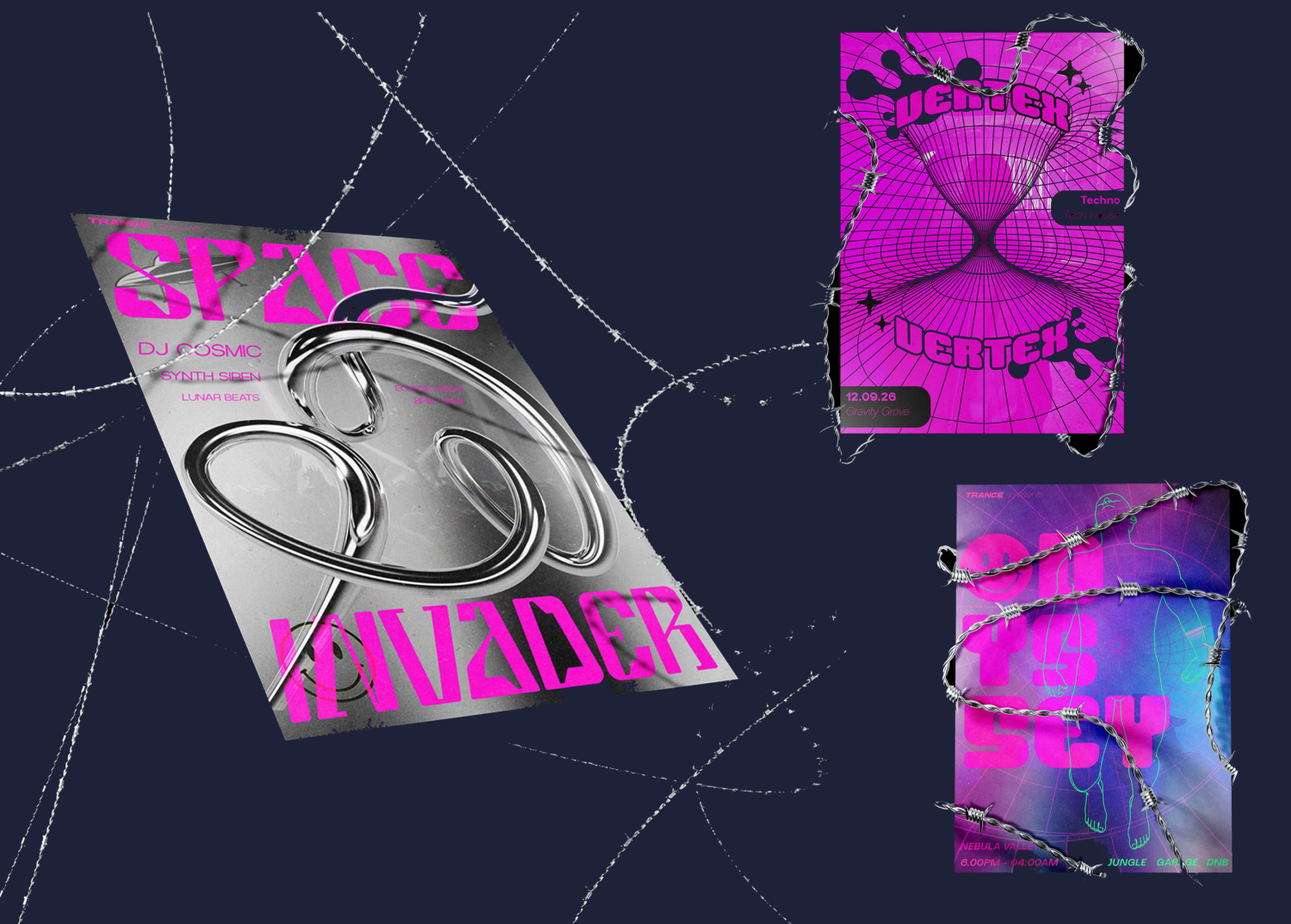 This is from a project where the brief was to brand a planet. I decided to brand a rave planet called Trance. This image is a mockup of a series of rave posters I designed within this project. This is from a project where the brief was to brand a planet. I decided to brand a rave planet called Trance. This image is a mockup of a series of rave posters I designed within this project.