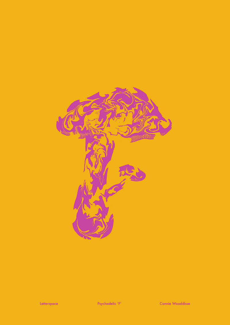 A type exploration using the phrase 'F is for Fungi' to produce an design inspired by 70's psychedelic culture. A type exploration using the phrase 'F is for Fungi' to produce an design inspired by 70's psychedelic culture.