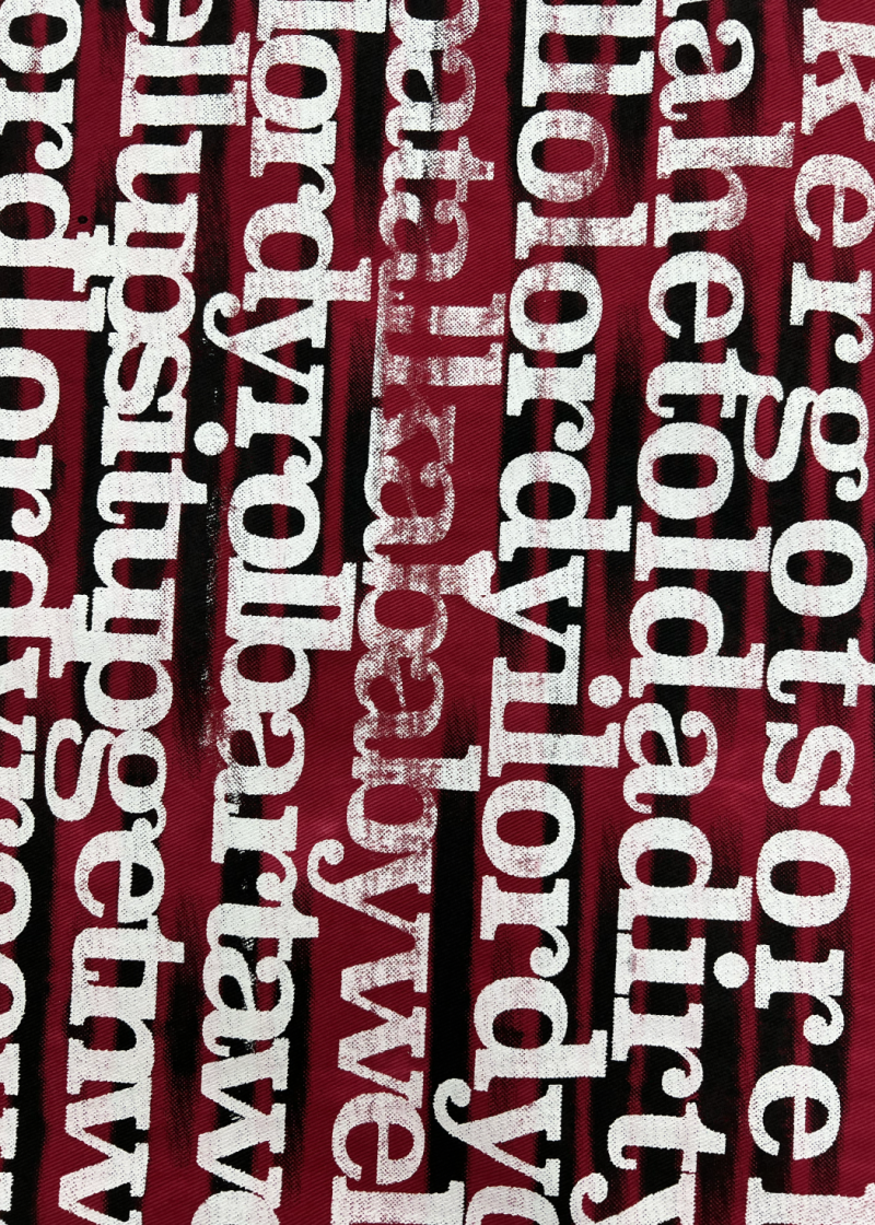 ‘When I Rise’ is a visual interpretation of the music piece “Early in the Mornin’” by Alan Lomax. The musics data has been transformed into a screen-print on fabric, crafted into a work-wear jacket. The images represent the sound of the lyrics, not their literal content, with a distorted black layer obscuring the actual words. ‘When I Rise’ is a visual interpretation of the music piece “Early in the Mornin’” by Alan Lomax. The musics data has been transformed into a screen-print on fabric, crafted into a work-wear jacket. The images represent the sound of the lyrics, not their literal content, with a distorted black layer obscuring the actual words.
