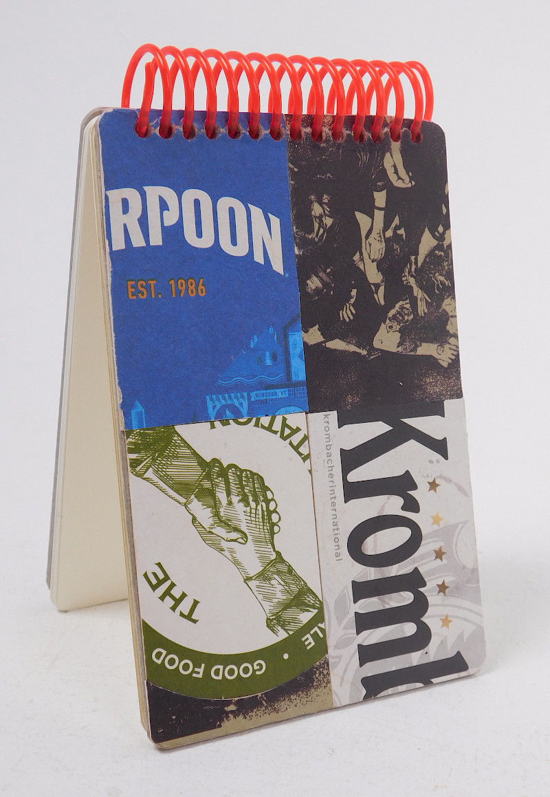 A hand bound notebook made from repurposed beer mats. Found here; Harpoon, Retro Bar, The Salutation and Krombacher. A hand bound notebook made from repurposed beer mats. Found here; Harpoon, Retro Bar, The Salutation and Krombacher.