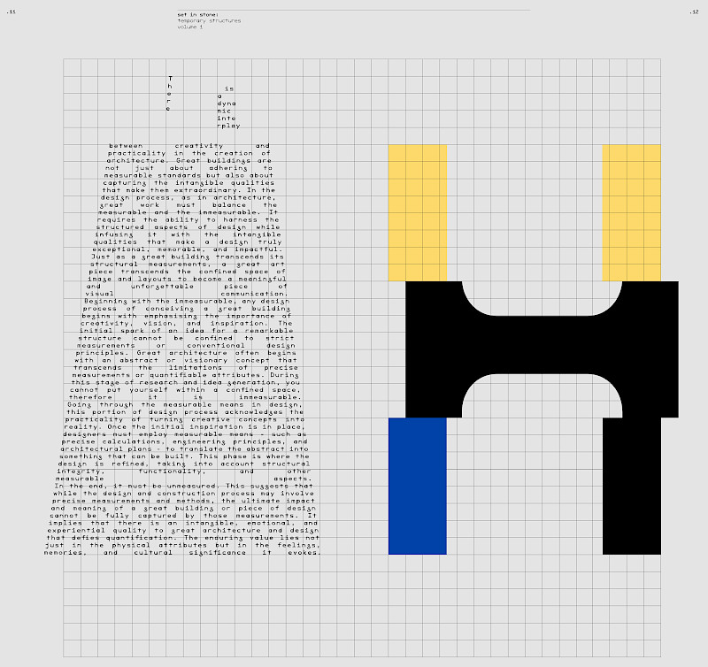 For the ISTD project I used typography to convey the narrative of impermanent structures, focusing on how they fill space during the before, middle, and after. I created a publication using only typography. For the ISTD project I used typography to convey the narrative of impermanent structures, focusing on how they fill space during the before, middle, and after. I created a publication using only typography.