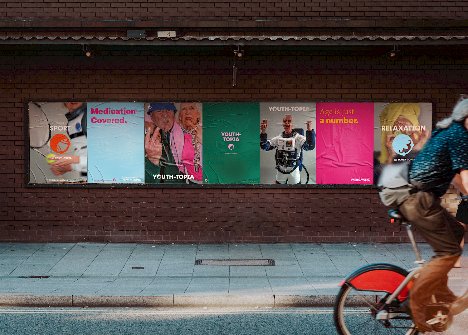 Youth-Topia is an alternative retirement planet designed for those 65+ who refuse to conform to the societal norms of aging. The branding is bold and playful to reflect the youthful attitudes of it's residents and humorous imagery of rebellious elderly adds a touch of whimsy lightheartedness to the brand Youth-Topia is an alternative retirement planet designed for those 65+ who refuse to conform to the societal norms of aging. The branding is bold and playful to reflect the youthful attitudes of it's residents and humorous imagery of rebellious elderly adds a touch of whimsy lightheartedness to the brand