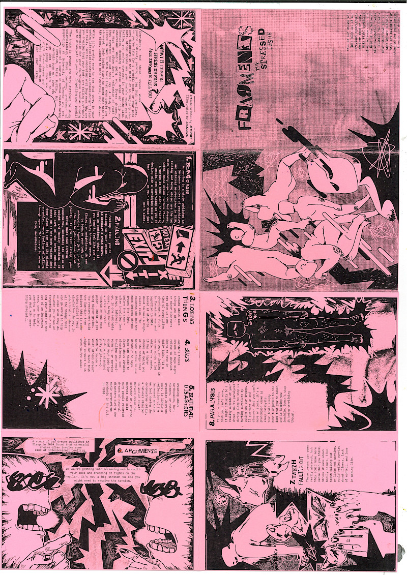 My mini zine project FRAGMENTS looked into the a group theme of dreams. My edition was about stress dreams and why we have them. I created a zine that works as both an A5 booklet and an A2 poster once unfolded. The pages have a chaotic overlapping aspect with playful typography mashed together to really embody the stressed issue. My mini zine project FRAGMENTS looked into the a group theme of dreams. My edition was about stress dreams and why we have them. I created a zine that works as both an A5 booklet and an A2 poster once unfolded. The pages have a chaotic overlapping aspect with playful typography mashed together to really embody the stressed issue.
