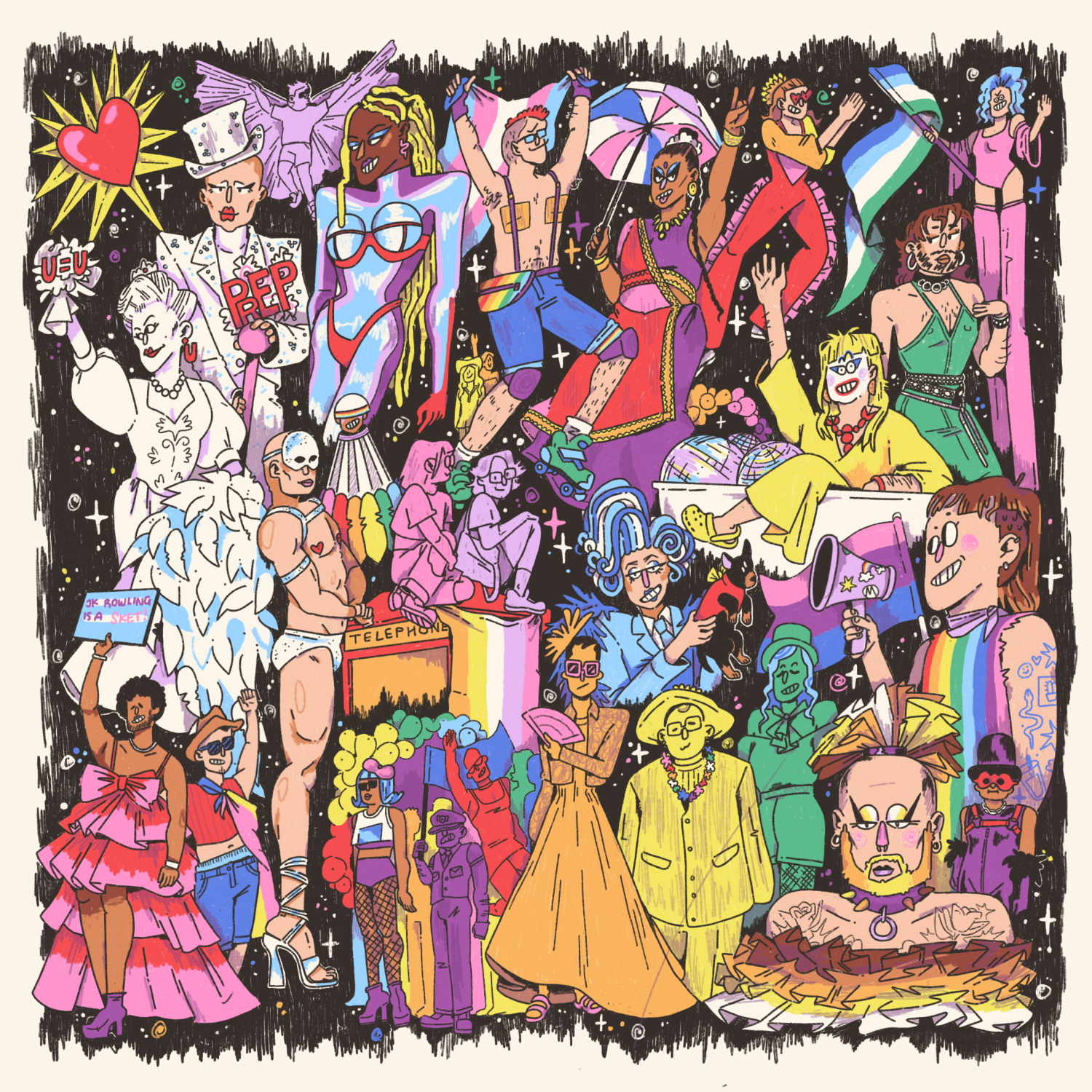 This is my illustration for the Aah Mag Freshers Issue cover. The work was inspired by a personal project into rainbow capitalism. The characters are all proud people, drag queens, and allies at the Manchester Pride parade 2023. I made the work in order to highlight the beautiful crowds of people at the heart of queer pride, not the corporations and rainbow capitalism predominantly seen at parades these days. This is my illustration for the Aah Mag Freshers Issue cover. The work was inspired by a personal project into rainbow capitalism. The characters are all proud people, drag queens, and allies at the Manchester Pride parade 2023. I made the work in order to highlight the beautiful crowds of people at the heart of queer pride, not the corporations and rainbow capitalism predominantly seen at parades these days.