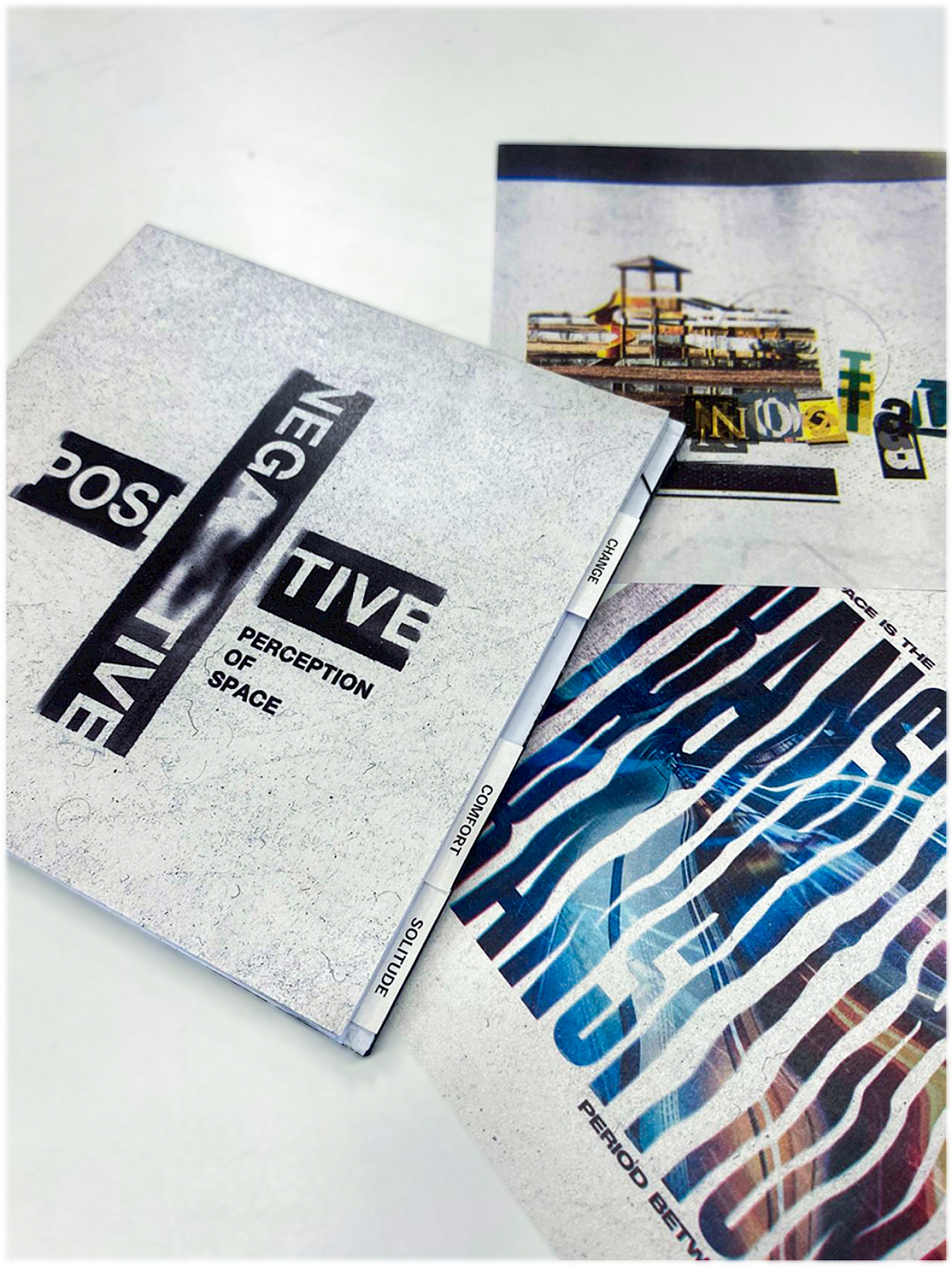 Negative and Positive - Perception of Space- A project based on the emotional responses of people when they are within a liminal space. I created typographical outcomes based on the language they used when describing these spaces and what they mean to them, and tried to represent these responses visually. I printed this out and turned it into a physical album cover/photo album style format that acts as a sleeve to all the typographical responses that live inside. Negative and Positive - Perception of Space- A project based on the emotional responses of people when they are within a liminal space. I created typographical outcomes based on the language they used when describing these spaces and what they mean to them, and tried to represent these responses visually. I printed this out and turned it into a physical album cover/photo album style format that acts as a sleeve to all the typographical responses that live inside.