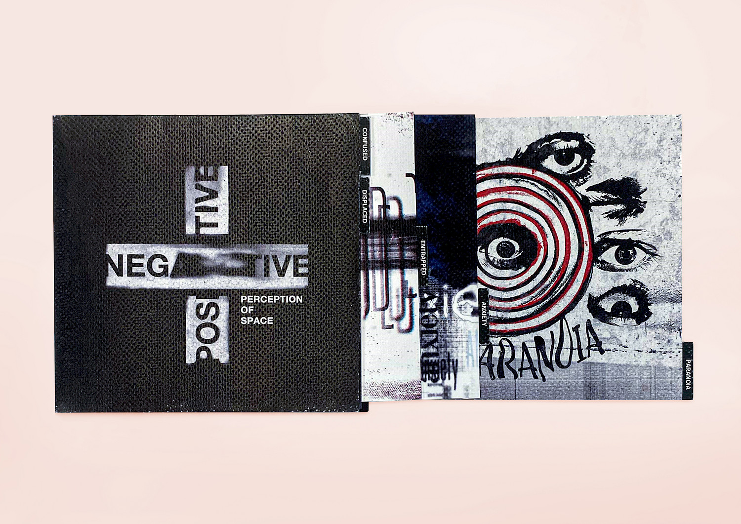 Negative and Positive - Perception of Space- A project based on the emotional responses of people when they are within a liminal space. I created typographical outcomes based on the language they used when describing these spaces and what they mean to them, and tried to represent these responses visually. I printed this out and turned it into a physical album cover/photo album style format that acts as a sleeve to all the typographical responses that live inside. Negative and Positive - Perception of Space- A project based on the emotional responses of people when they are within a liminal space. I created typographical outcomes based on the language they used when describing these spaces and what they mean to them, and tried to represent these responses visually. I printed this out and turned it into a physical album cover/photo album style format that acts as a sleeve to all the typographical responses that live inside.
